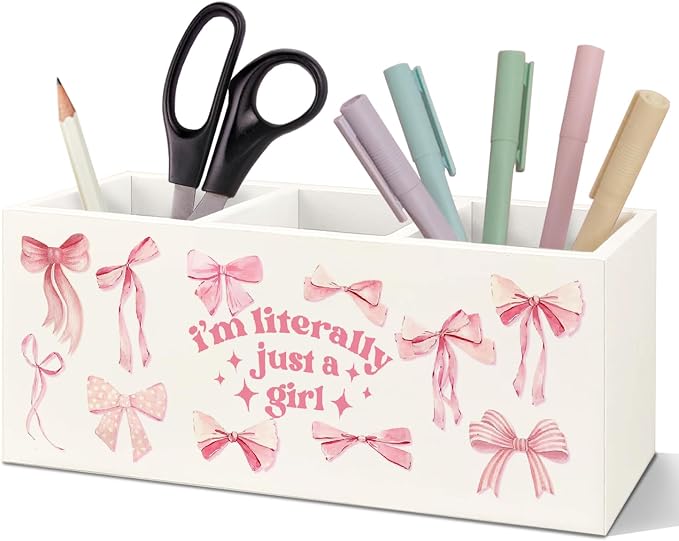 SNNDER Pink Coquette Bow Preppy Pen Holder, Preppy Desk Decor, I'm Literally Just a Girl Pink Girly Acrylic Pen Pencil Holder Organizer for Home Girls Room Dorm Office Desk Accessories