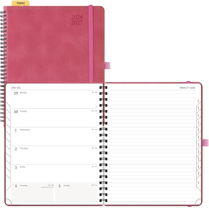 POPRUN Weekly Planner 2026-2027 (July 26-June 27), Large-8.5" x 10.5", Academic Agenda 2026-2027 Calendar Notebook Planner for School, College, Spiral Leather Softcover, 100GSM - Magenta