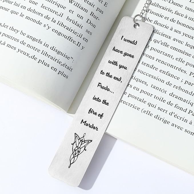 1Pc Fantasy Bookmark Gift Set - Metal Bookmarks with Elvish Leaf Pendant, Sword Charm & Evenstar Engraving, Epic Quotes Carved Jewelry for Book Lovers, Dark Academia Gifts for Readers (Elvish Leaves)