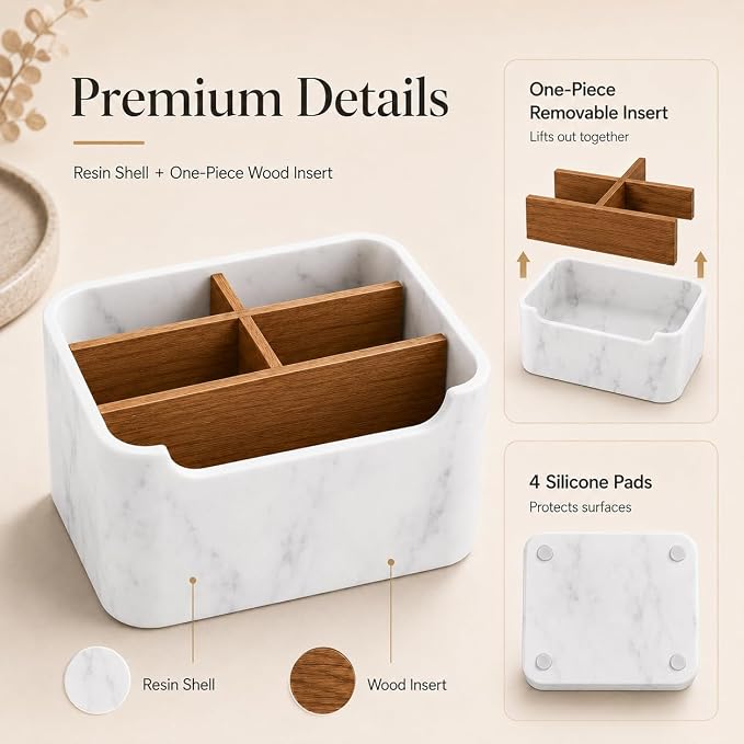 Remote Control Holder with Removable Wood Compartments for Media Devices, Desktop Stationery, and Bedside Nightstands,White