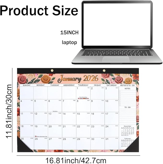 Desk Calendar 2026, Wall Calendars 2026-2027, 18 Month Calendar Runs from Jan 2026 - Jun 2027, 17" x 12" Large Flower Wall Calendars Desktop Monthly Planner for Home Office Teacher School Supplies