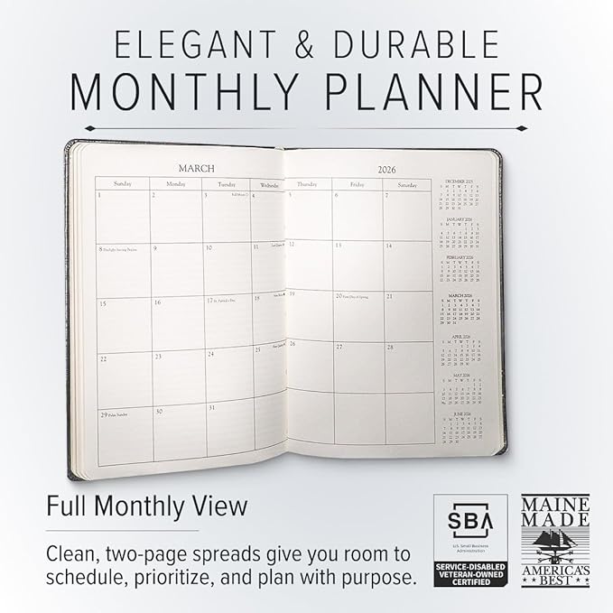 Gallery Leather Desk Monthly Planner 2025-2026, Elegantly Bound Calendar Planner and Notebook with Stylish Gold-Gilded Page Edges, 18 Months - Acadia Navy - 8x5.5”