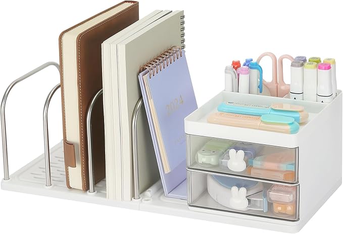 LETURE Desk Organizer with 2 Drawer, Pen Pencil Mail File Holder for Desk with Detachable Bookend, Stationery Accessories Storage Box for Office Supplies, Makeup, Jewelry for Home, Office (White)
