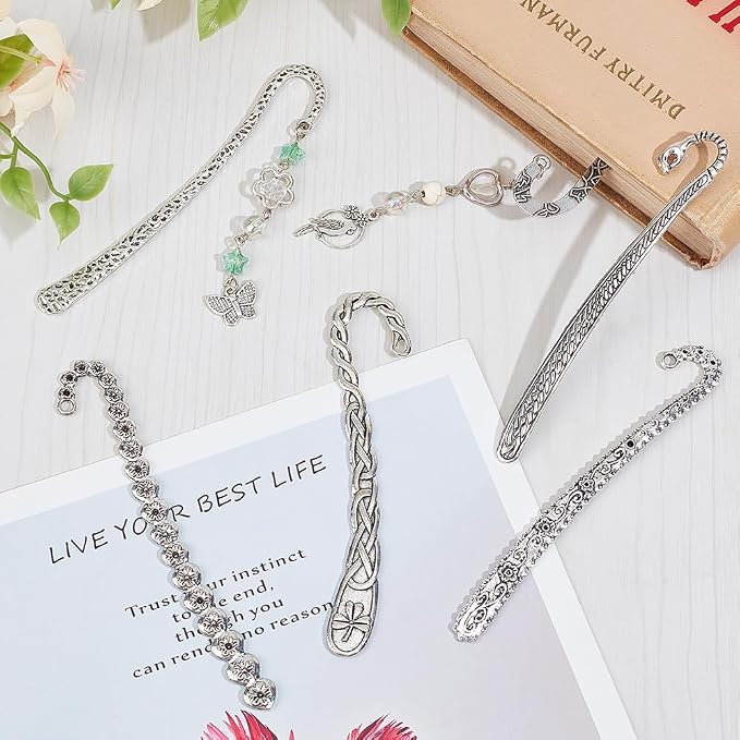 SUNNYCLUE 12Pcs 6 Styles Hook Bookmark Silver Hairpin Bookmark Bulk Alloy Retro Tibetan Chinese Style Flower Branch Bookmarks Findings with Hole Book Mark Blank for Crafts Jewelry Making Gifts DIY