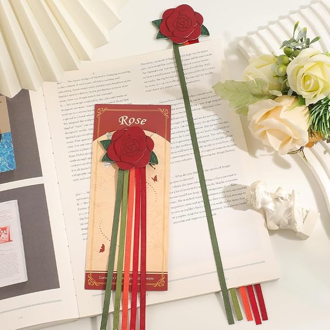 icceemee 2pcs Leather Bookmark with Sunflower Rose, Aesthetic Vintage Book Accessories, Handmade Tassel Bookmark for Women Men Gift