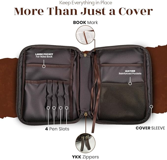 Leather Bible Cover Case - Premium Bible Cover for Men Featuring Soft Suede Lining & Multiple Pockets - Secure Carry Handle & Bookmark Ribbon - Essential Mens Bible Case for Daily Devotion