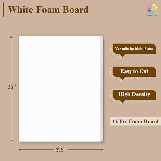 Mat Board Center, 12 Pack 8.5x11 White Foam Boards, Acid Free Foam Core Board, 1/8 inch Thick