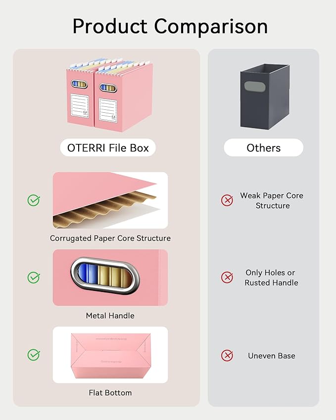 Oterri File Organizer Box, Portable Collapsible Cardboard File Folder Organizer with Handle for Letter Size Hanging Files, Document Storage Box for Home Office & Classroom (8 Packs, Multi color)