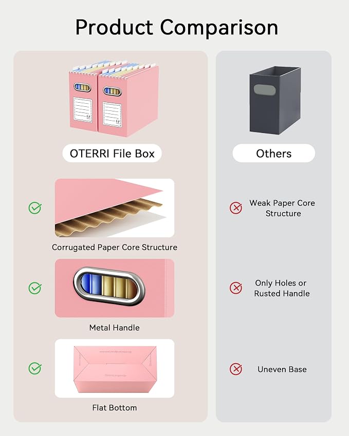 Oterri File Organizer Box, Portable Collapsible Cardboard File Folder Organizer with Handle for Letter Size Hanging Files, Document Storage Box for Home Office & Classroom (8 Packs, Pink)