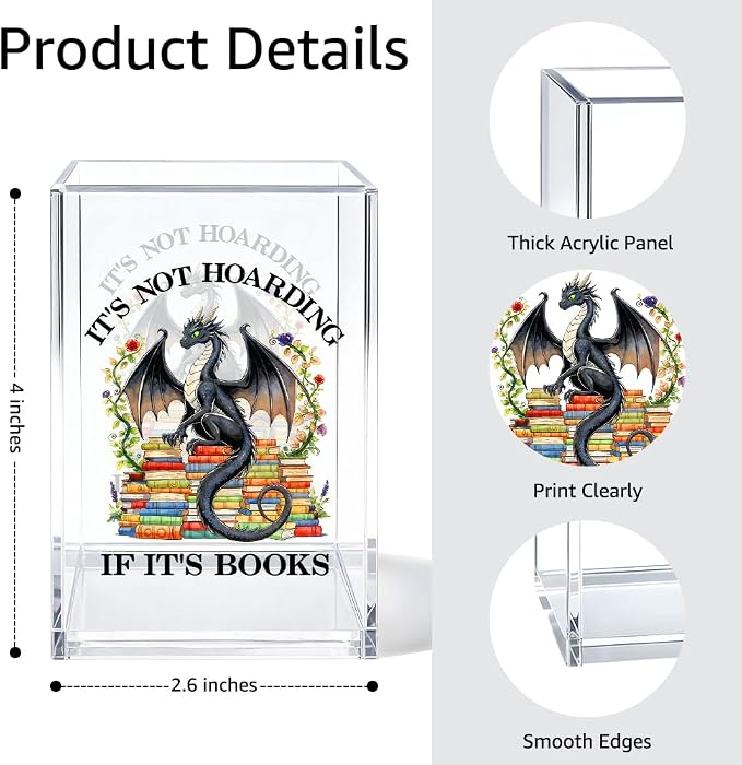 It's Not Hoarding If It's Books Acrylic Pen Holder Cosmetic Organizer, Retro Dragon Book Pen Pencil Holders for Desk, Bookmark Holder for Bookshelf, Bookish Gifts for Librarian Reader Teacher