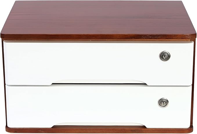 2 Drawers Wooden Desktop Storage Box,Small File Cabinet with Locks,Office Supplies A4 Filing Organizer for School,Classroom,Walnut,White