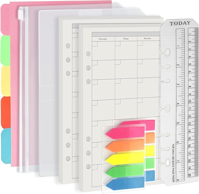 Harphia A5 6 Holes Binder Refill Value Set, 90sheets monthly plan loose leaf paper with stickers and dividers, planner insert with binder pockets for A5 binder 6 holes refillable notebook,005da5month