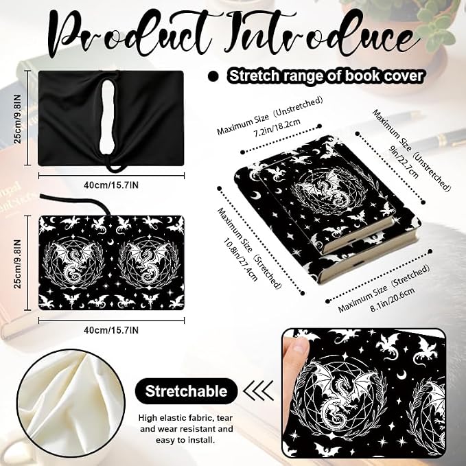 Dragon Patern Stretchable Book Cover 15.7"x9.8", Elastic Washable Book Protector for Hardcover Textbooks Paperbacks, Reusable Polyester Book Sleeve for Women