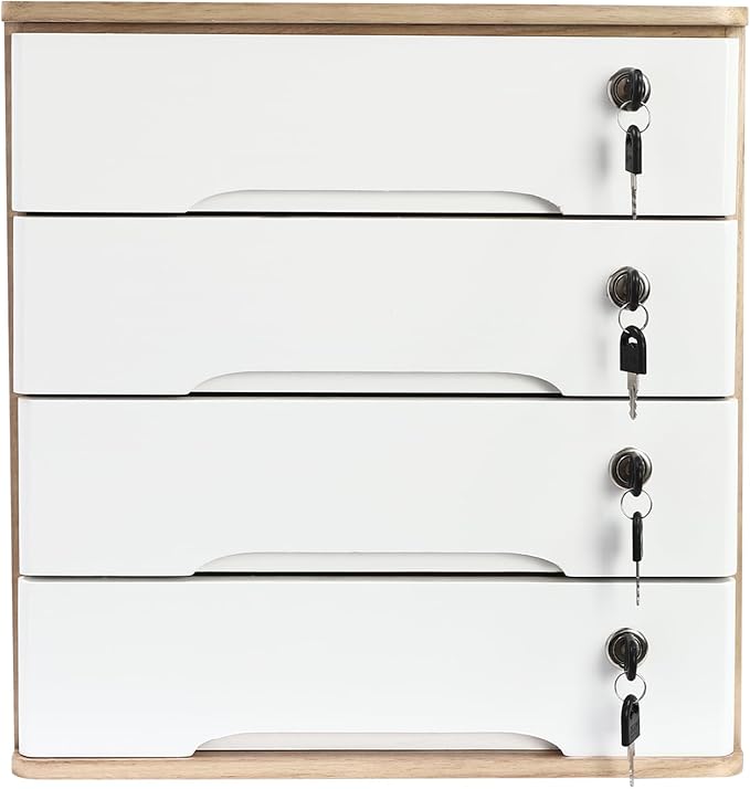 Lockable Desk Organizer Wooden Desktop Drawers Office Flat Files Storage Box Locking Countertop Storage Cabinet (Wood Color + White, 4-Tier)