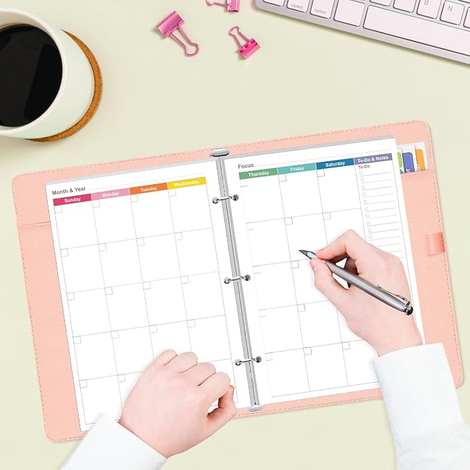 Half Letter Size Monthly Planner Refills for 3 Ring Mini Binders - 53 Sheets/106 Pages Undated Colorful Monthly Planner, 3-Hole Punched, 100 gsm White Paper, Lasts 2 Year, Undated, 5.8" x 8.3"