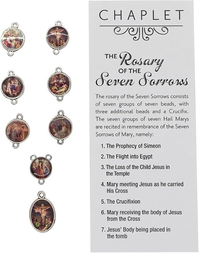 Seven Sorrows of Mary Medals and Instruction Bookmark | Beads for DIY Chaplet of The Sorrowful Mother Rosary | Catholic Craft Supplies | Full-Color Images on Metal