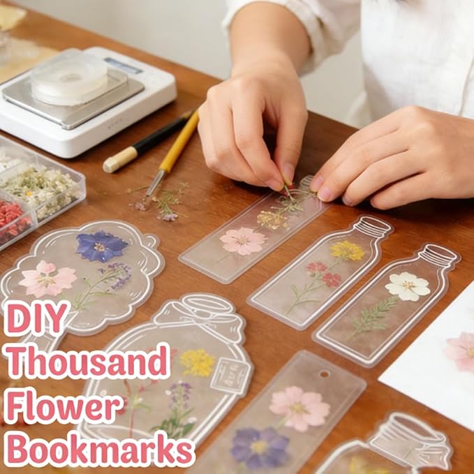 YCOSAN 62 Pcs Dried Flower Bookmark Kit, DIY Transparent Thousand Flower Bookmarks, Handmade Clear Bookmark Page