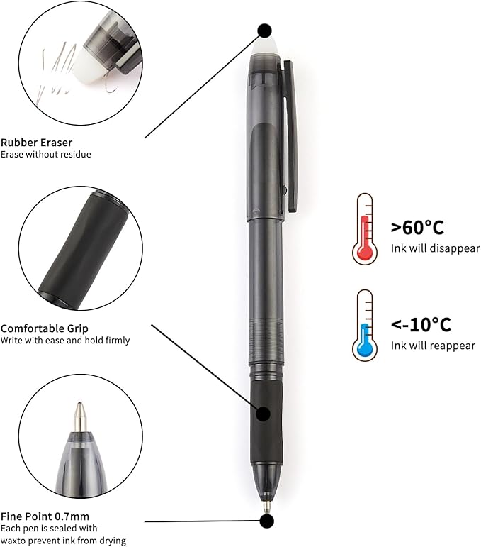 Volcanics Erasable Gel Pens, 0.7mm Fine Point Gel Erasable Ink with Eraser Cap- Rocket Book, Soft Black, 36 Pack, Smooth Writing Pencil-Like Precision for Home & Office