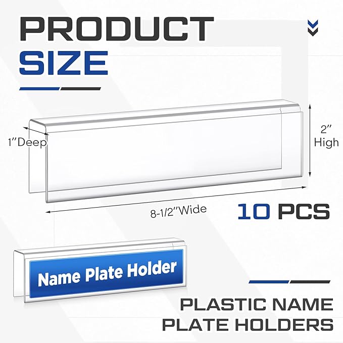 Wonderjune 10 Pack Plastic Cubicle Name Plate Holder 8.5" Wide x 2" High Glass Wall Name Plate Holder Clear Acrylic Sign Display Stand for Home Office Business (Suitable for 1" Cubicle Wall)
