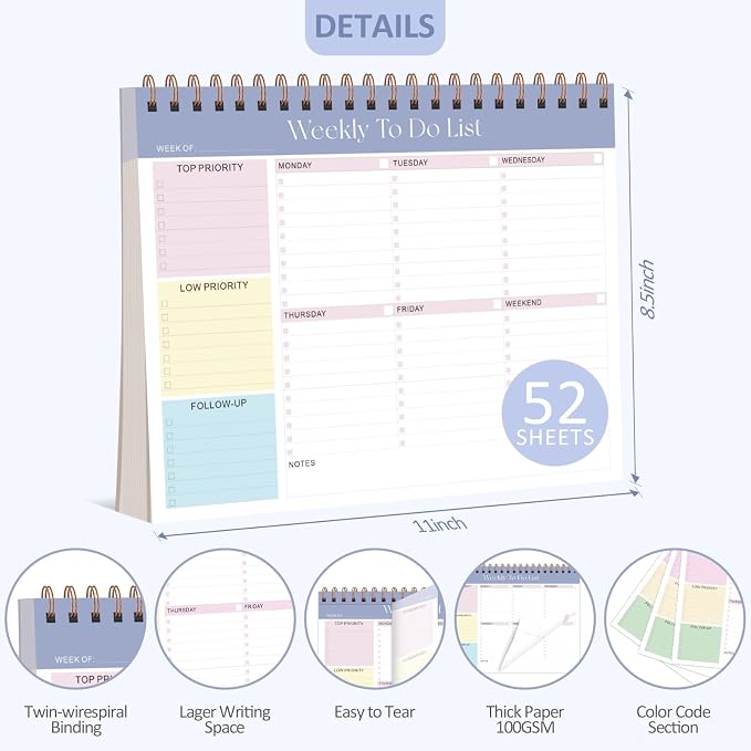 Weekly To Do List Notepad, 52 Sheets, Undated Weekly Planner, Letter Size | 8.5"x11", 100GSM, Thick Paper, Twin-Wire Spiral Bound, Tear Off Desk Pad, For Women & Man, Home School & Office Work