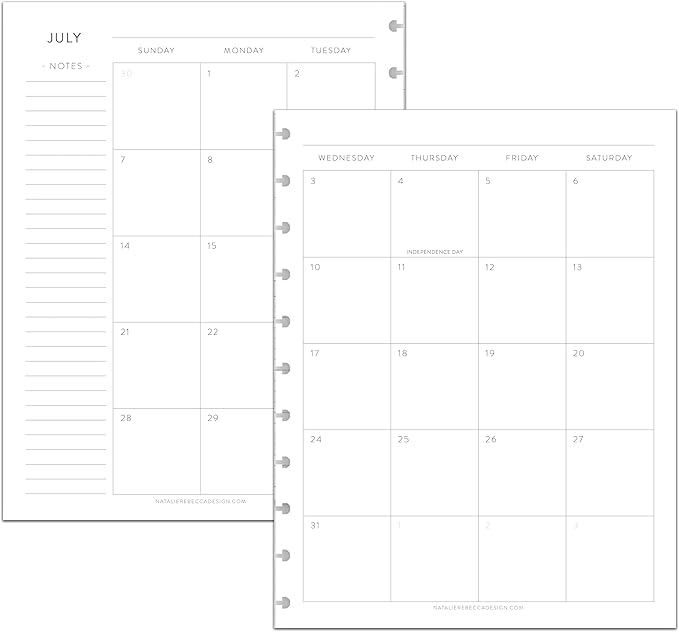 BetterNote July 2026 - June 2027 Academic Monthly Calendar Refill for Discbound Notebook, School Dates, Fits Levenger Circa, Big Happy Planner, Arc, TUL, Disc Refill (11-Disc, 8.5"x11", Classic)