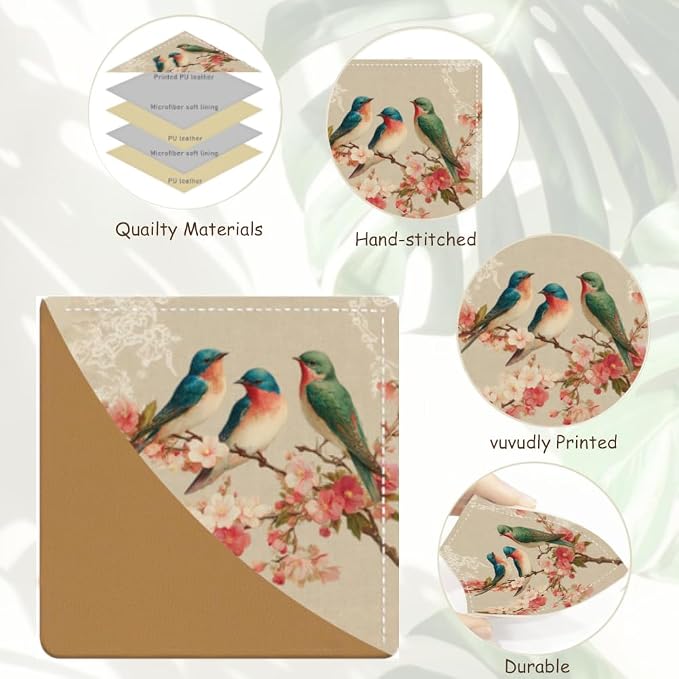 2PCS PU Leather Bookmarks 3.5x3.5 Inch Birds Cherry Blossom Design | PU leather bookmarks with birds cherry blossom design for novels, journals, planners, students, teachers and book lovers