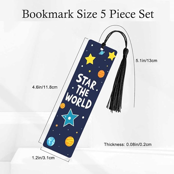 Space Planet Bookmarks Set 5 with Tassels Star The World Theme Wooden Bookmarks for Reading Women Men Students Teachers School Supplies