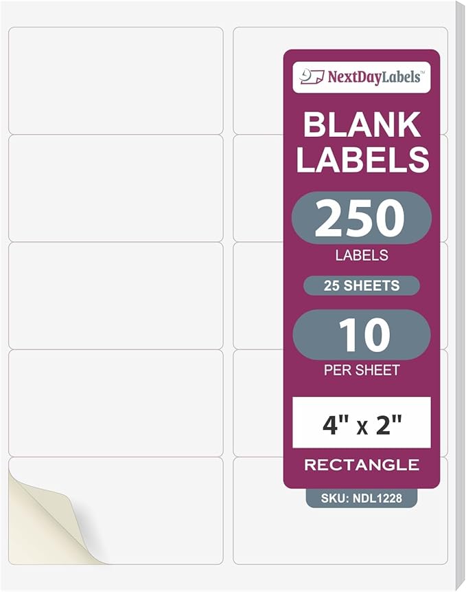 NextDayLabels 4x2 Inch Rectangle Stickers White Blank Labels for Laser Inkjet Printer - 10 Per Sheet Self-Adhesive Product Barcode Inventory Made in USA - 250 Labels