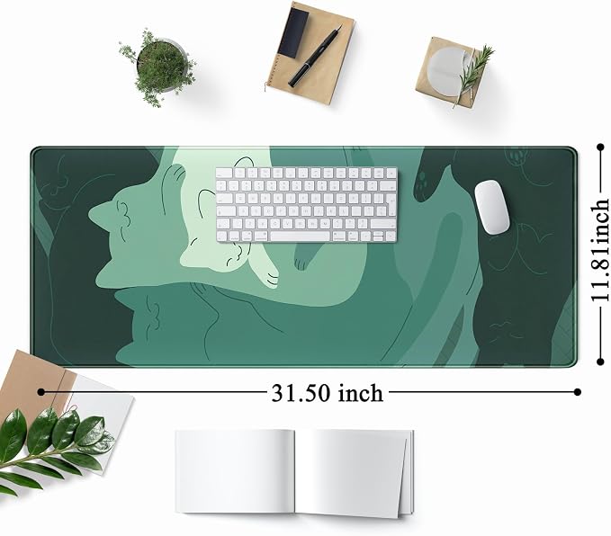 Cute Green Cat Desk Mat Extended Mouse Pad Large Gaming Mousepad XL Long Desk Pad Minimalist Laptop Keyboard Pad Deskmat Deskpad Desktop Mouse Mat Big 31.5"x11.8" with Stitched Edges
