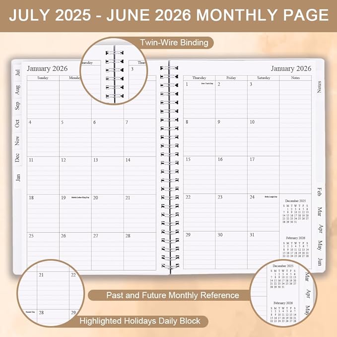 2025-2026 Planner - Planner 2025-2026 for Women & Men, July 2025 - June 2026, Monthly and Weekly Calender with 12 Monthly Tabs, 6.4" x 8.5", Brown