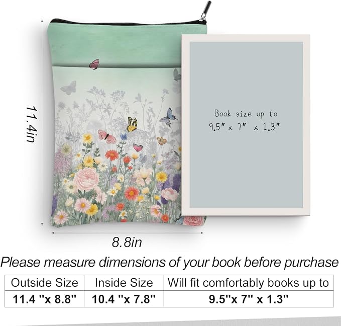 Aesthetic Flower Book Sleeve, Book Lovers Gifts Sleeve with Zipper & Front Pocket, 11.4x8.8 Inch Canvas Books Cover Protector Bookish Gifts for Readers Librarian Women Teacher Christmas Birthday Gift