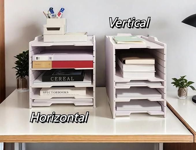 A4 Wooden Desk Letter Tray, Paper Organizer Storage with Adjustable Shelves, Stackable File Sorter for Notes, Pens, File Paper and Desk(A4&Landscape-6tray(with 5 Adjustable Shelves))