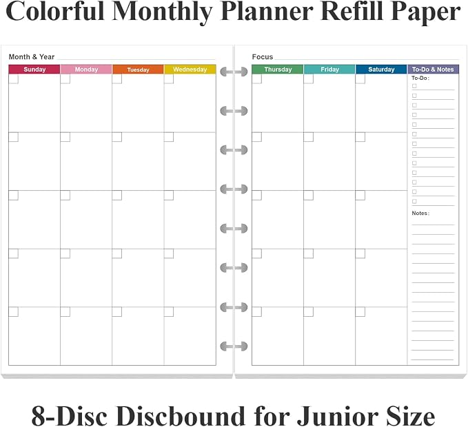 Junior Size Monthly Planner Refills - 53 Sheets/106 Pages Undated Colorful Monthly Planner, 8-Disc Discbound, 100 gsm White Paper, Lasts 2 Year, Undated, 5.8" x 8.3"