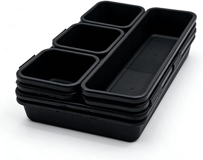U-KIME 8-Piece Interlocking Drawer Organizer Trays, Black Plastic Modular Storage Bins for Kitchen, Bathroom, Office & Desk Drawers