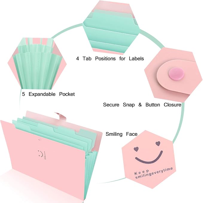 SKYDUE Expanding File Folder 5 Pockets, Skydue Letter A4 Paper Accordion Document Organizer (Pink)