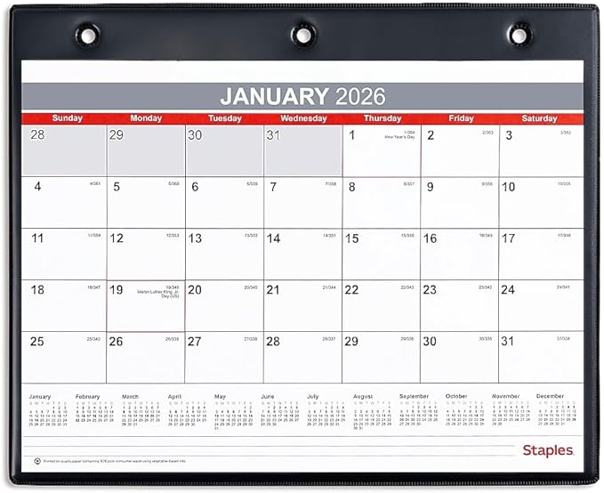 2026 Staples 11" x 8" Monthly Calendar, White/Red/Gray