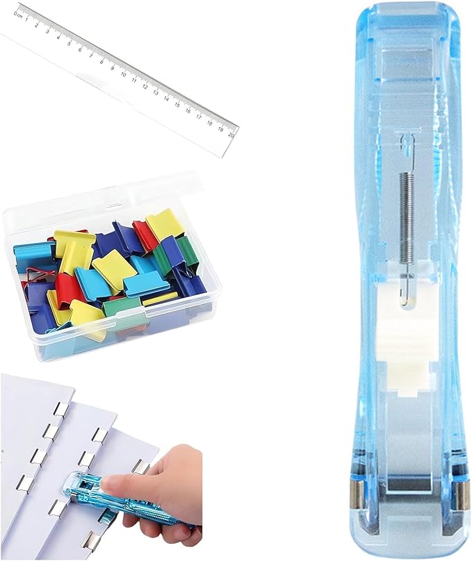 Portable Binder Clip Stapler, Includes 50 Reusable Clips, Push Clip Stapler, Small Binding Office Supplies Handheld Staplers Staples Set, Binder Clips Paper Clamps (F)