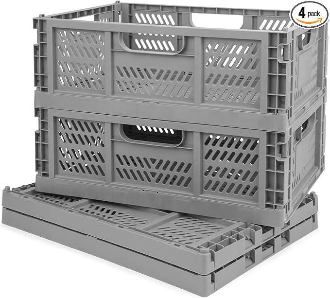 Domiella 4-Pack Crates for Storage, 16x12x6 Storage Crates Plastic Stackable, Folding Crate for Office Home Kitchen Bedroom Bathroom, Gray