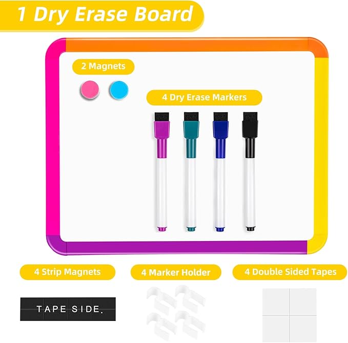 VUSIGN Small White Board Dry Erase, 8.5''x11'' Magnetic Dry Erase Board, Mini Whiteboard with Markers for Fridge, Wall, Locker, Colorful Frame