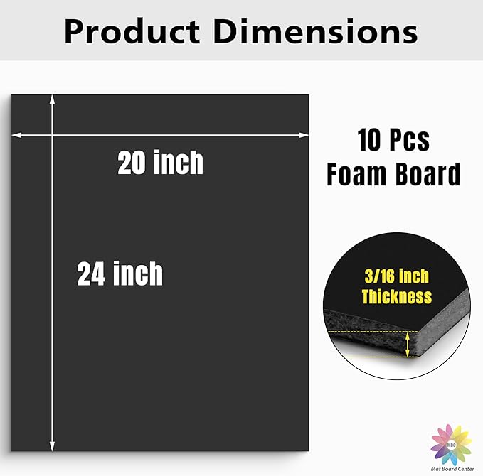 Mat Board Center Premium Black Foam Core Board - 20x24 Inches 3/16" Thick - 10 Pack - Acid-Free - Ideal for Mounting, Crafts, Art, and Presentations