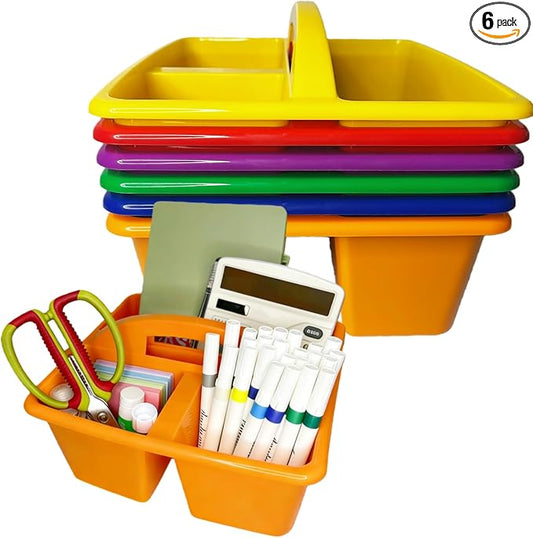 6 Pack Classroom Caddy with Handle, Plastic Storage Caddy Organizer with 3 Compartments, Desk Caddies Portable Storage Bin for Pencil, Crayon, Marker, Home, Office, Classroom Supply, Rainbow Colors
