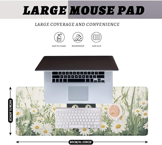Cute Black Cat Desk Mat Gaming Mouse Pad Watercolor Daisy Kitty Extended Gaming Mousepad Mat with Stitched Edge Non-Slip Base Big Mousepad Office Computer Keyboard Laptop Home 31.5"x11.8"