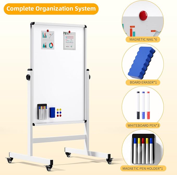 Mobile Dry Erase Board on Wheels, 48 x 28 Magnetic Double Sided Whiteboard Easel, Large Reversible Rolling White Board with Aluminum Frame Standing for Office, Home, Classroom