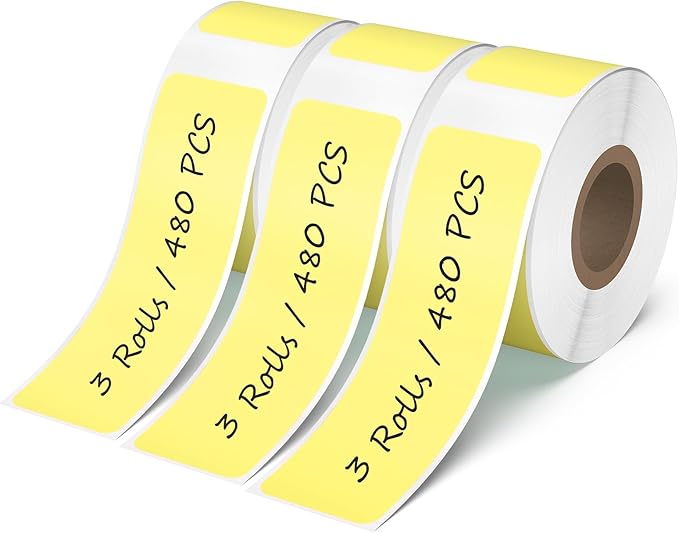 480 PCS D30 Label Maker Tape 0.47" × 1.57" (12 × 40 mm) Vinyl Waterproof Thermal Stickers Self-Adhesive Decals for Retail Office Home School Yellow
