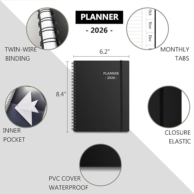 Tiankool Planner 2026, Jan 2026 - Dec 2026 Weekly Monthly Planner with 12 Monthly Tabs and Elastic Closure, Inner Pocket, Round Corner,5.8" x 8.25"- Black