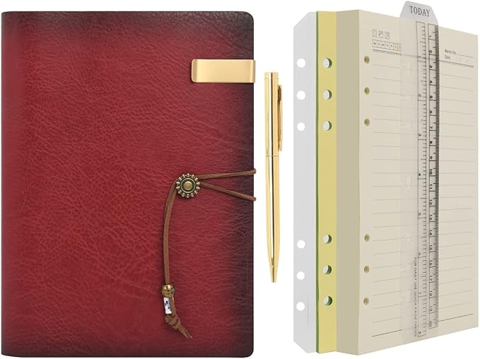 Wonderpool Leather Journal A5 Refillable 6 Ring Binder Notebook with Lined Paper and Pen,Writing Diary for Work Travel and Agenda Plan (A5, Wine red)
