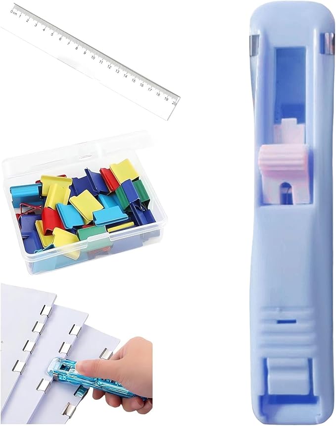 Portable Binder Clip Stapler, Includes 50 Reusable Clips, Push Clip Stapler, Small Binding Office Supplies Handheld Staplers Staples Set, Binder Clips Paper Clamps (G)