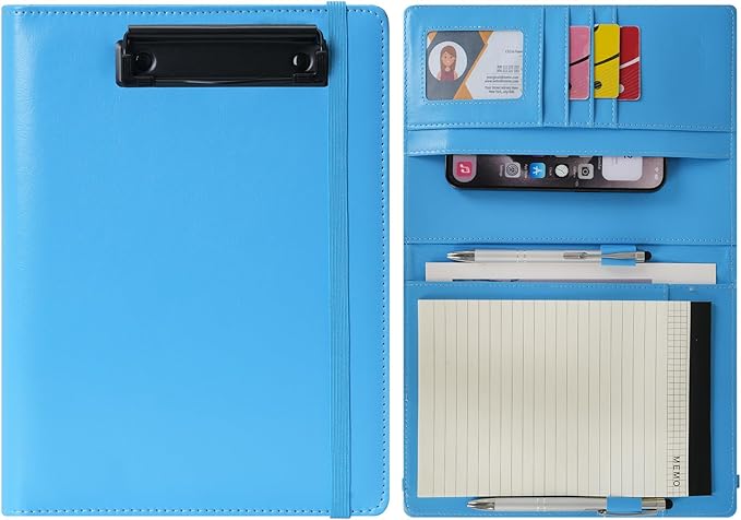 Wonderpool A5 PU Leather Clipboard Partfolio Notepad Forms Holders Document Case - Interview Planner Meeting Writing Padfolio File for Office Travel School Hotel (Sky Blue, A5)