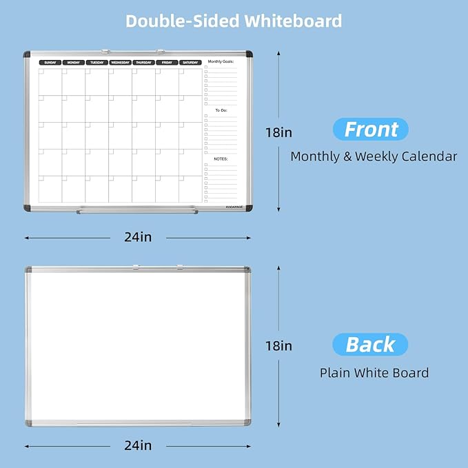 Whiteboard Dry Erase Calendar for wall, Weekly & Monthly Planner Dry Erase Board 24" X 18" Double-Sided for Office, Home and School