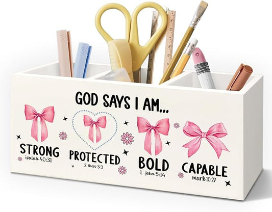 Christian God Says I Am Wooden Pen Pencil Holder for Desk Accessories, Christian Gifts for Women, Pink Coquette Bow Bible Verse Wood Makeup Brush Toothbrush Holder Organizer for Vanity Bathroom